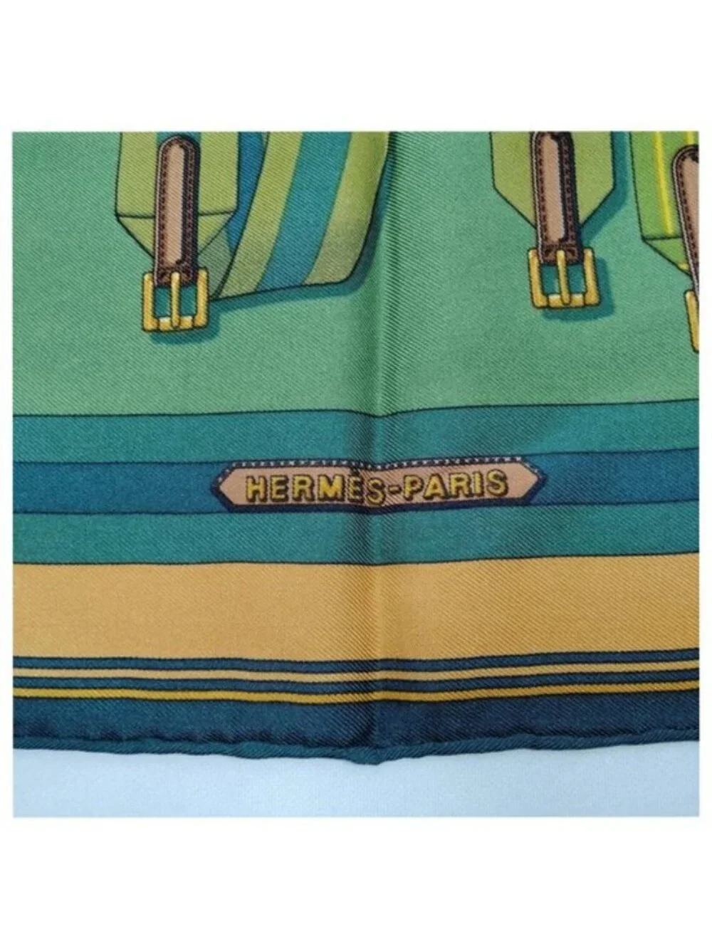 Authentic Hermès Les Sangles Carré 90 Silk Scarf Yellow Green